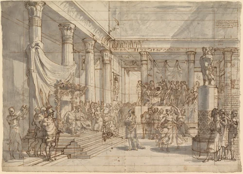 Timotheus Playing the Lyre before Alexander and Thaïs in the Hall of the Palace at Persepolis by Pietro Fancelli, drawing, 1820