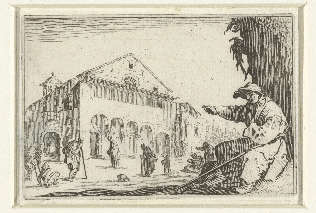 Man met wandelstok bij ziekenhuis by Jacques Callot, print, 1621