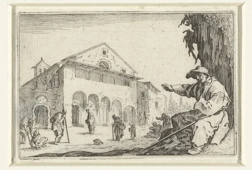 Man met wandelstok bij ziekenhuis by Jacques Callot, print, 1621