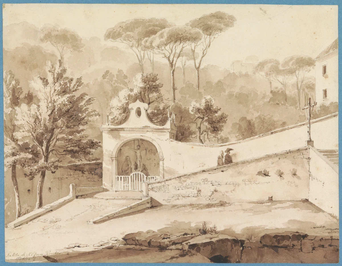 Kapel onderaan een trap by Raffaele Carelli, drawing, 1805-1875