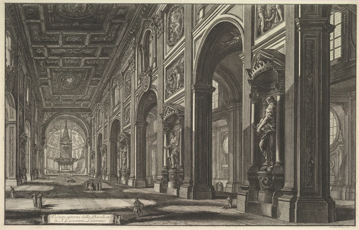 St. Giovanni in Laterano, Interior, from "Vedute di Roma" (Views of Rome) by Giovanni Battista Piranesi, print, 1763-1773