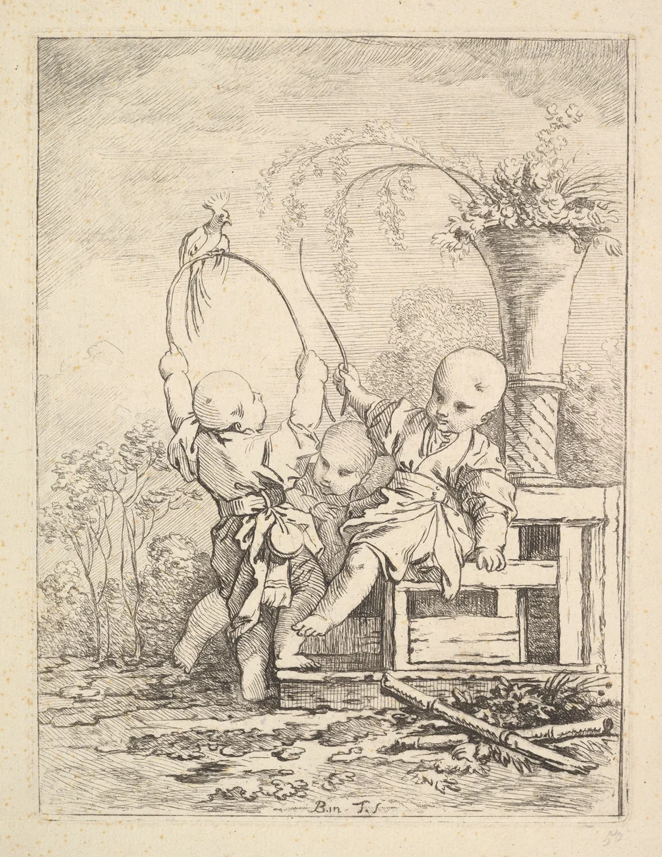 Chinese Children Playing with a Parrot by Louis Antoine Crozat, print, 1700-1770