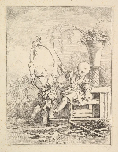 Chinese Children Playing with a Parrot by Louis Antoine Crozat, print, 1700-1770