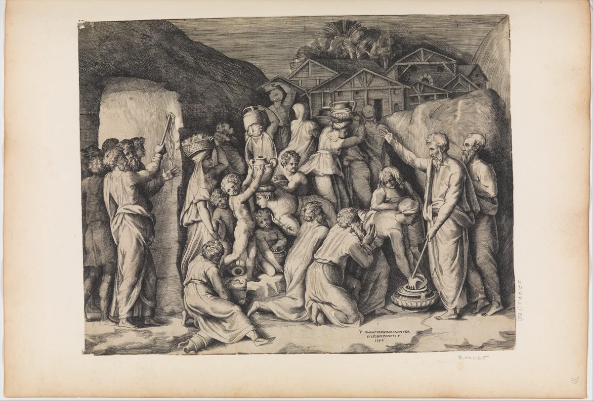 Moses Telling the Israelites to Gather Manna and Moses Striking the Rock by Giulio Bonasone, print, 1510-1576
