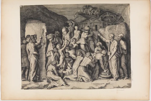 Moses Telling the Israelites to Gather Manna and Moses Striking the Rock by Giulio Bonasone, print, 1510-1576