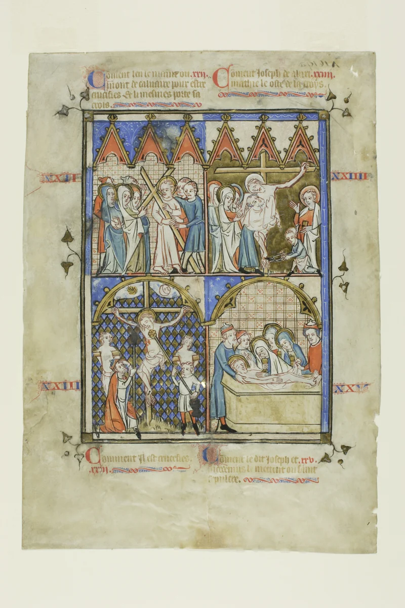 Leaf from a Picture Cycle: Christ Carrying the Cross, The Crucifixion, The Descent from the Cross, and the Entombment by French Painter, painting, 1325-1350