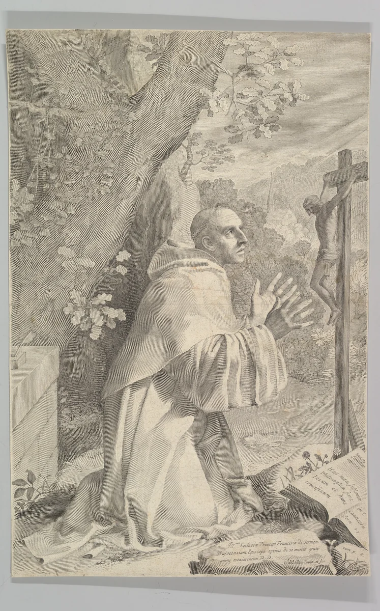 St. Bernard Kneeling Before a Crucifix by Claude Mellan, print, 1650-1660