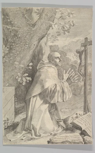 St. Bernard Kneeling Before a Crucifix by Claude Mellan, print, 1650-1660