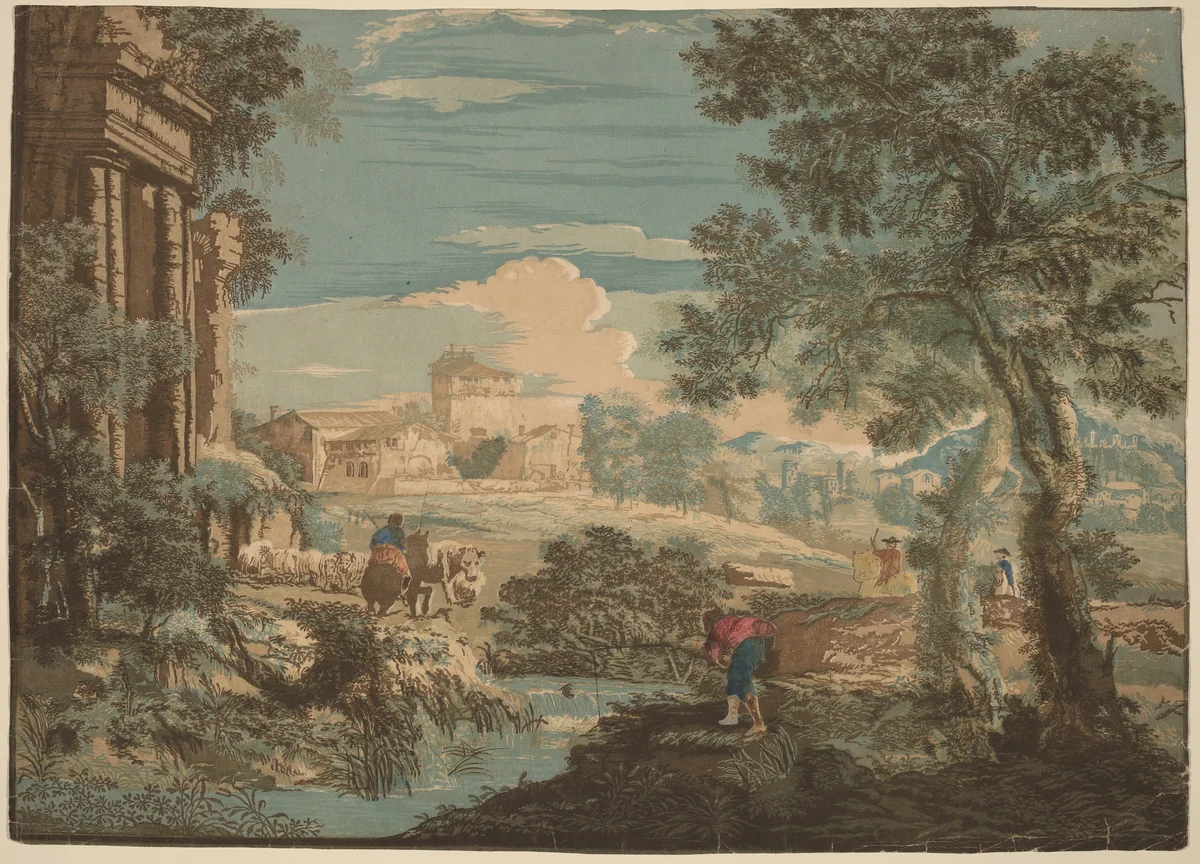 Heroic Landscape with Fisherman, Cows, and Horsemen by John Baptist Jackson; Marco Ricci, print, 1744
