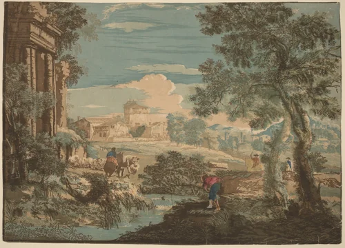 Heroic Landscape with Fisherman, Cows, and Horsemen by John Baptist Jackson; Marco Ricci, print, 1744