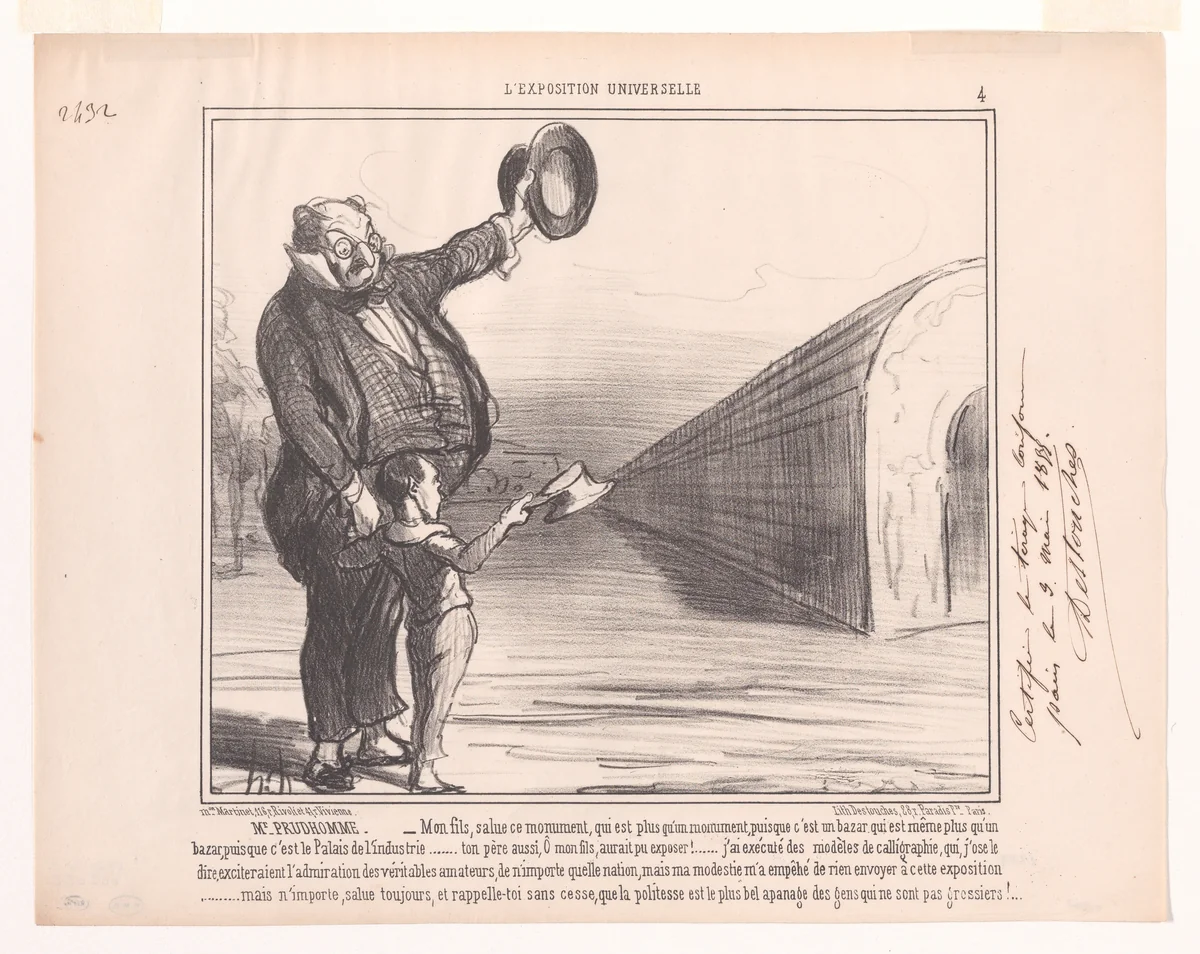 Mr. Prudhomme: – My son, salute this monument..., from L'Exposition Universelle by Honoré Daumier, print, 1855