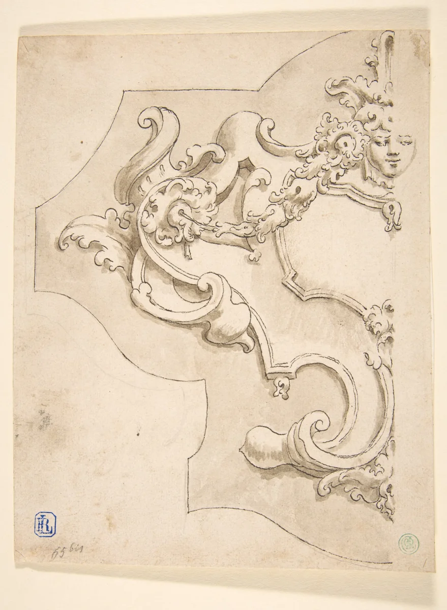Design for Half Cartouche with Mask by Fortunato Tesi, drawing, 1700-1799