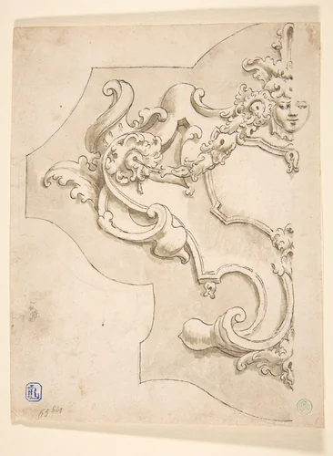 Design for Half Cartouche with Mask by Fortunato Tesi, drawing, 1700-1799