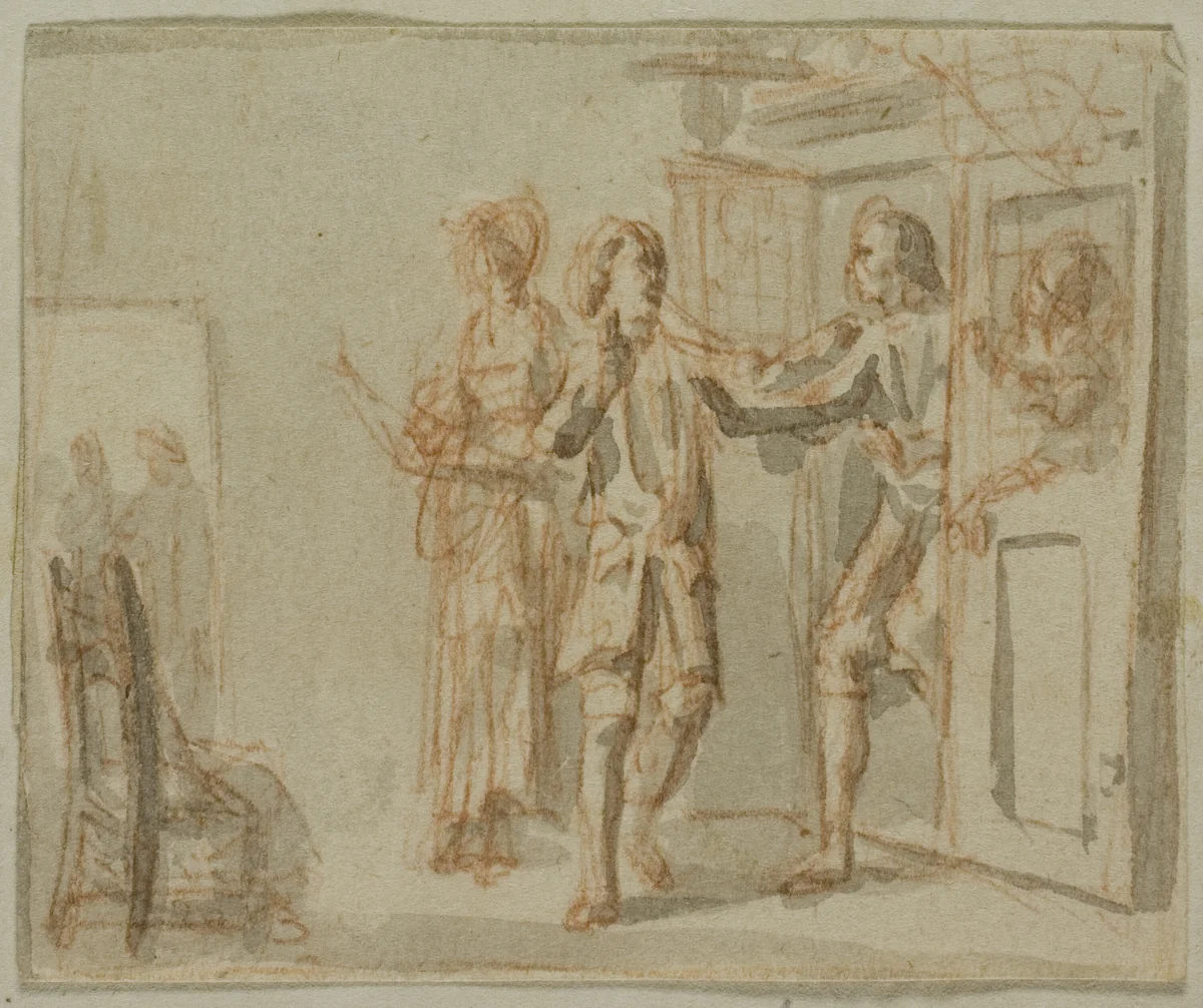 Literary Illustration: Two Men and Woman in Interior by Jacob Wilhelm Mechau or Johann Friedrich Mechau, drawing, 1765-1854