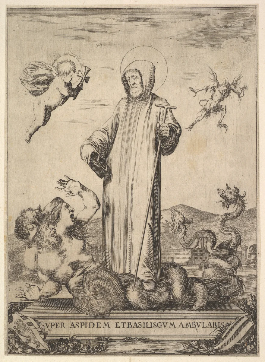 Saint Jean Gualbert trampling a monster with two human heads and a serpentine body, from "Frontispiece and four scenes from the life of Saint John Gualbert" (Frontispice et quatre vignettes pour une vie de Saint Jean Gualbert) by Stefano della Bella, print, 1640