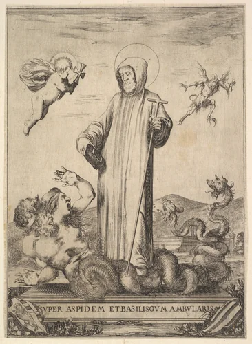 Saint Jean Gualbert trampling a monster with two human heads and a serpentine body, from "Frontispiece and four scenes from the life of Saint John Gualbert" (Frontispice et quatre vignettes pour une vie de Saint Jean Gualbert) by Stefano della Bella, print, 1640