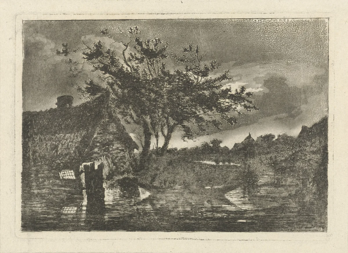 Rivierlandschap met boerderij by François Joseph Pfeiffer, print, 1793-1835