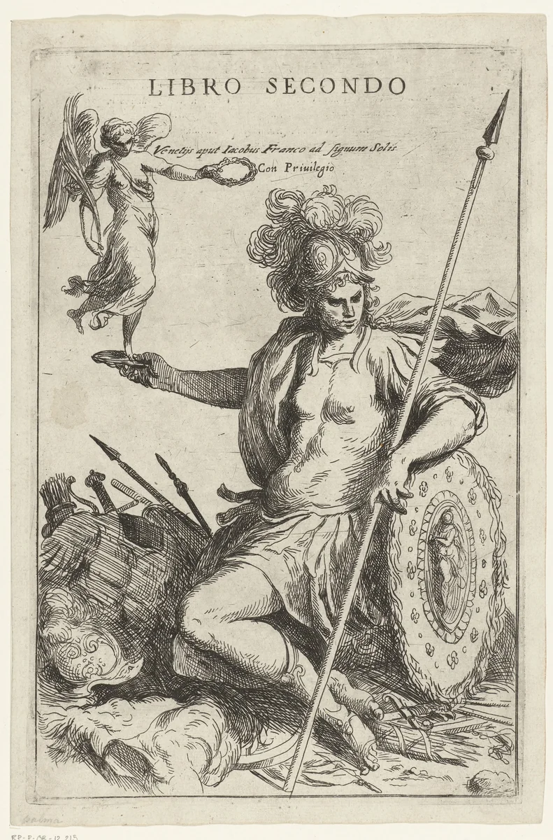 Titelblad met Minerva by Jacopo Palma, print, 1554-1611