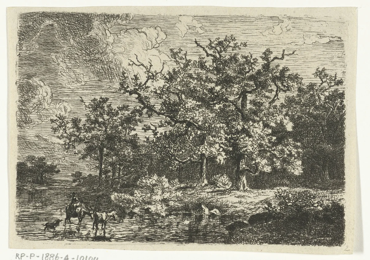 Landschap met bomen en vrouw op ezel in ondiep water by Willem Jan van den Berghe, print, 1848