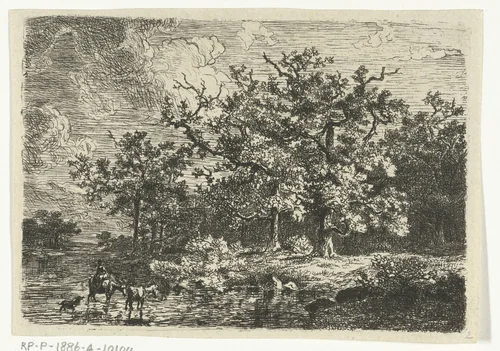 Landschap met bomen en vrouw op ezel in ondiep water by Willem Jan van den Berghe, print, 1848