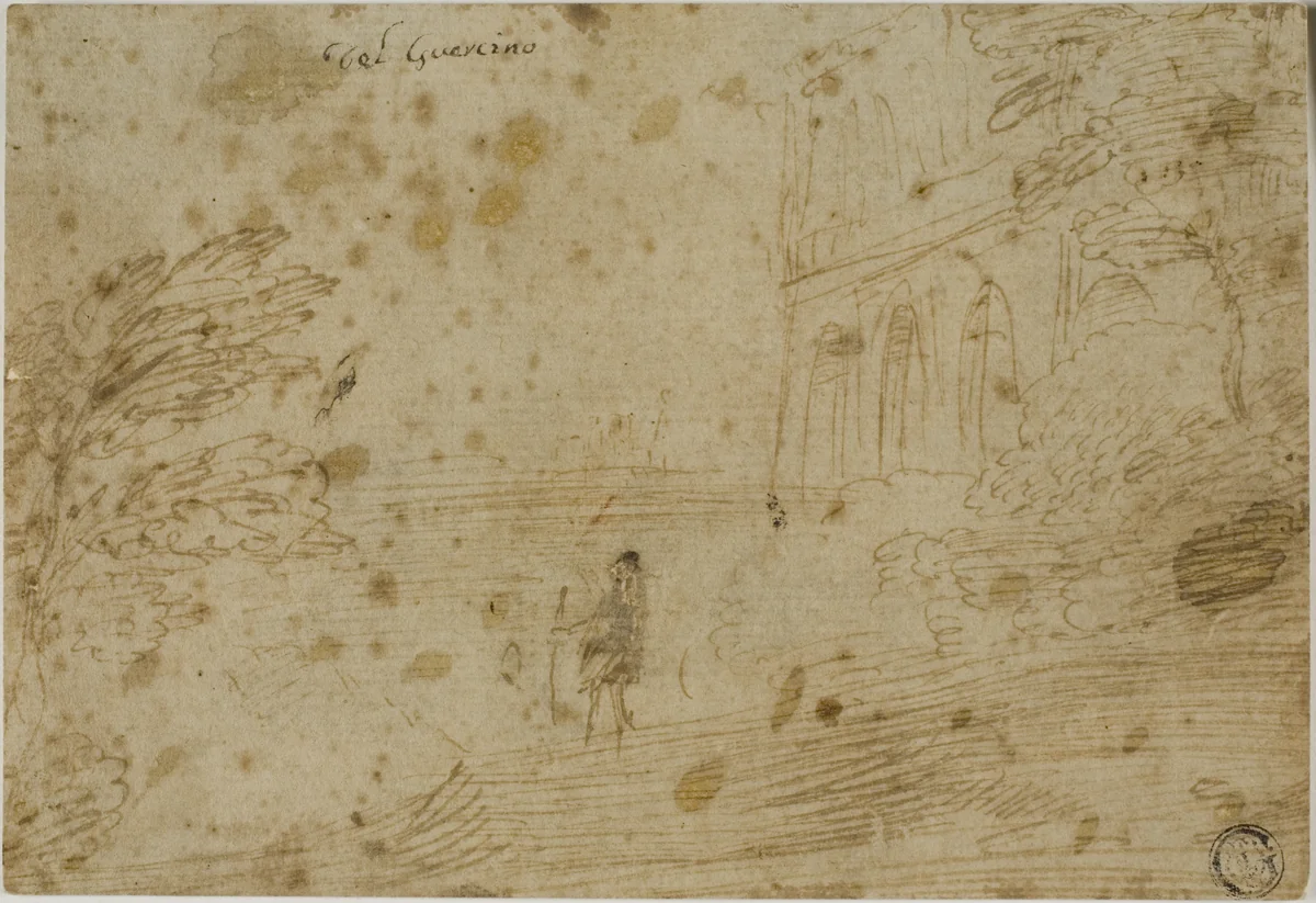 Landscape with Figure and House by Guercino, drawing, 1600-1699