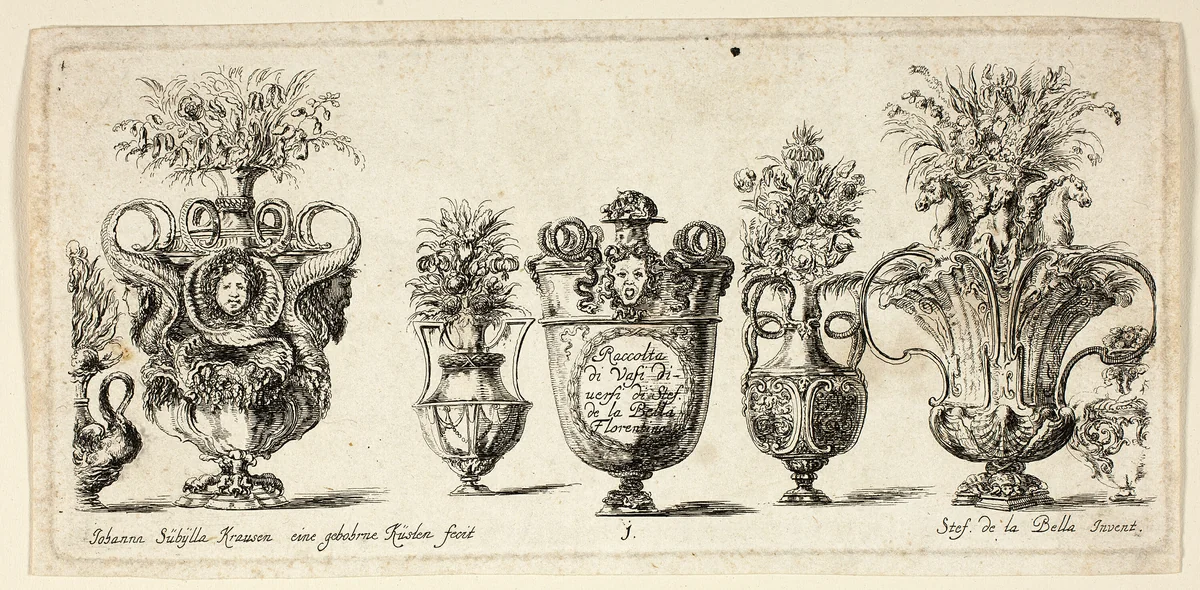 Plate One from Raccolta di Vasi diversi di Stef. de la Bella Fiorentino by Johanna Sibylla Küsel, print, 1646