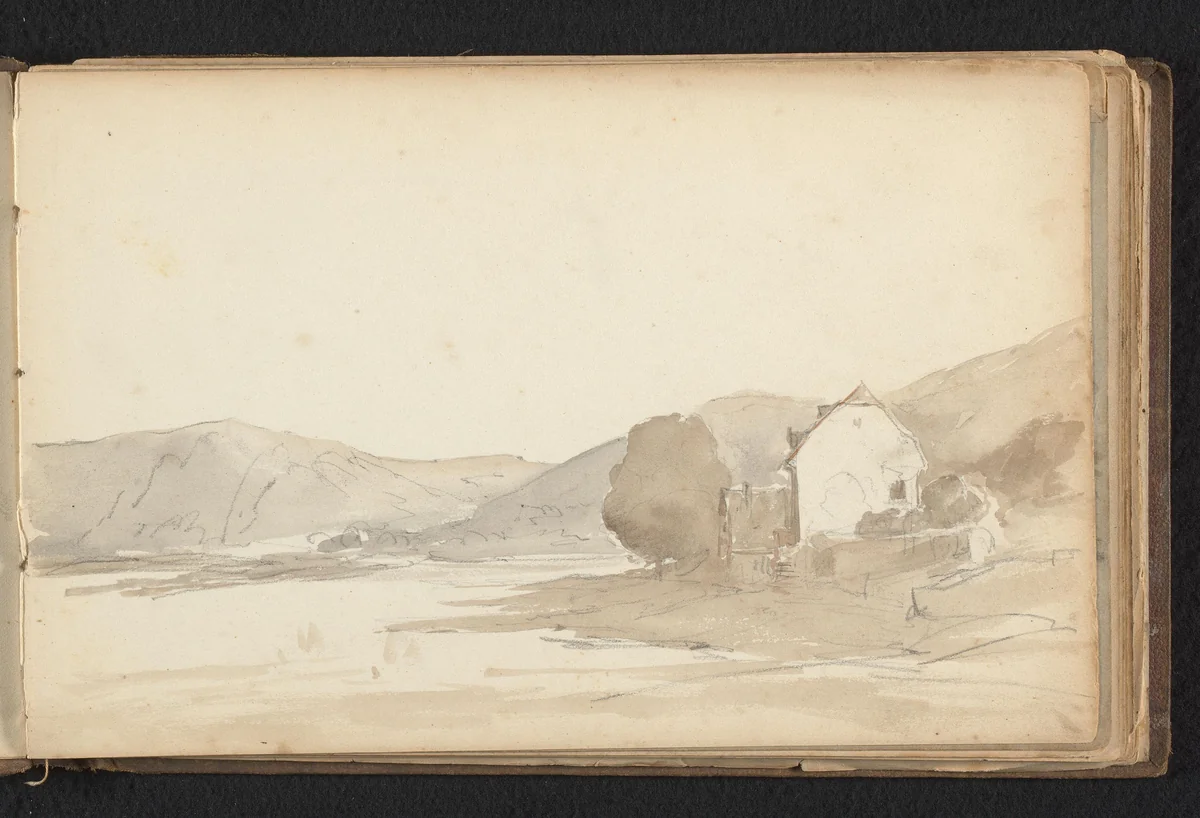 Heuvelig landschap met huis by Jan Bedijs Tom, drawing, 1823-1894