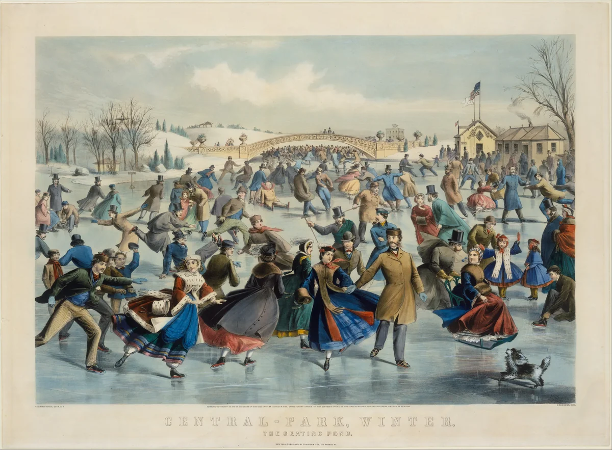 Central Park, Winter – The Skating Pond by Charles Parsons, print, 1862
