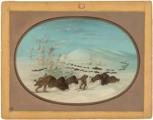 Buffalo Chase in the Snow Drifts - Ojibbeway by George Catlin, painting, 1861-1869