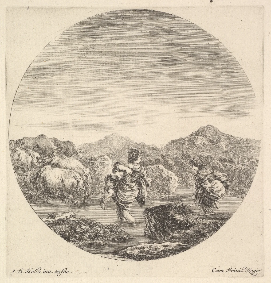 A woman carrying a child in center, seen from behind, another woman to right, facing left, following a group of cows across a river, from "Six Animal Subjects" (Six Sujets d'Animaux) by Stefano della Bella, print, 1643-1648