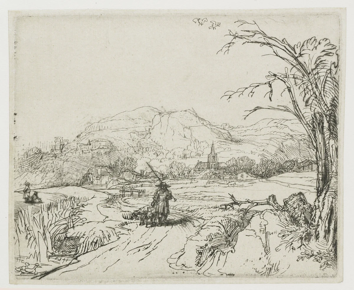 Landscape with Sportsman and Dogs (‘Het jagertje’) by Rembrandt van Rijn, print, 1648