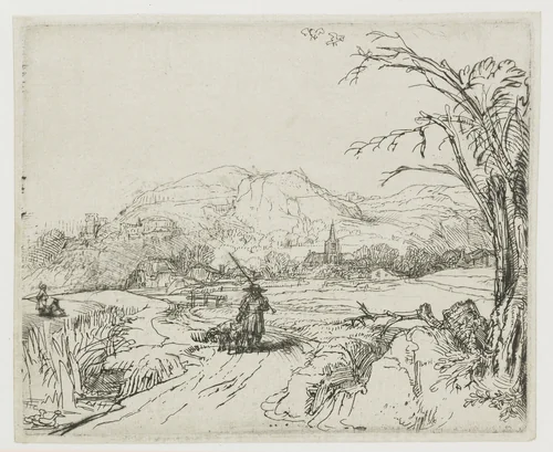 Landscape with Sportsman and Dogs (‘Het jagertje’) by Rembrandt van Rijn, print, 1648