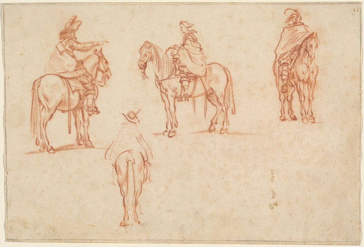 Study of Four Horsemen by Jacques Callot, drawing, 1628