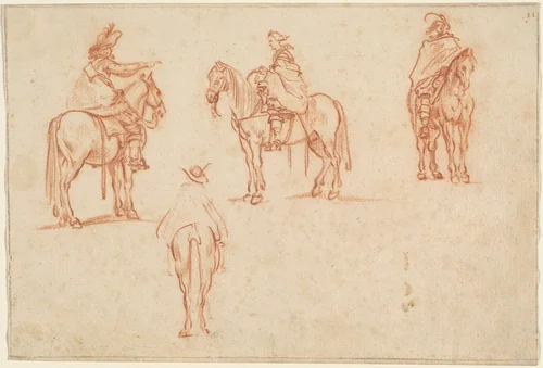 Study of Four Horsemen by Jacques Callot, drawing, 1628