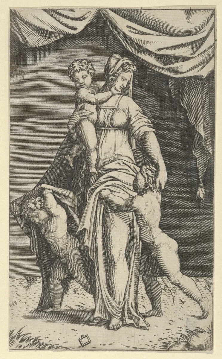 Charity personified by a woman with three children by anonymous, print, 1515-1525