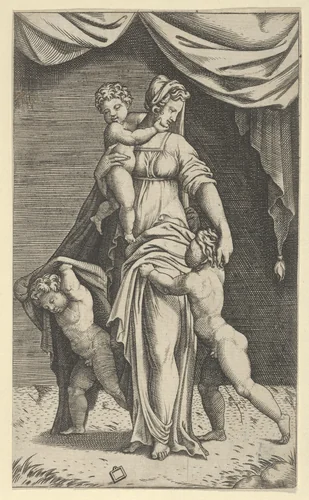 Charity personified by a woman with three children by anonymous, print, 1515-1525