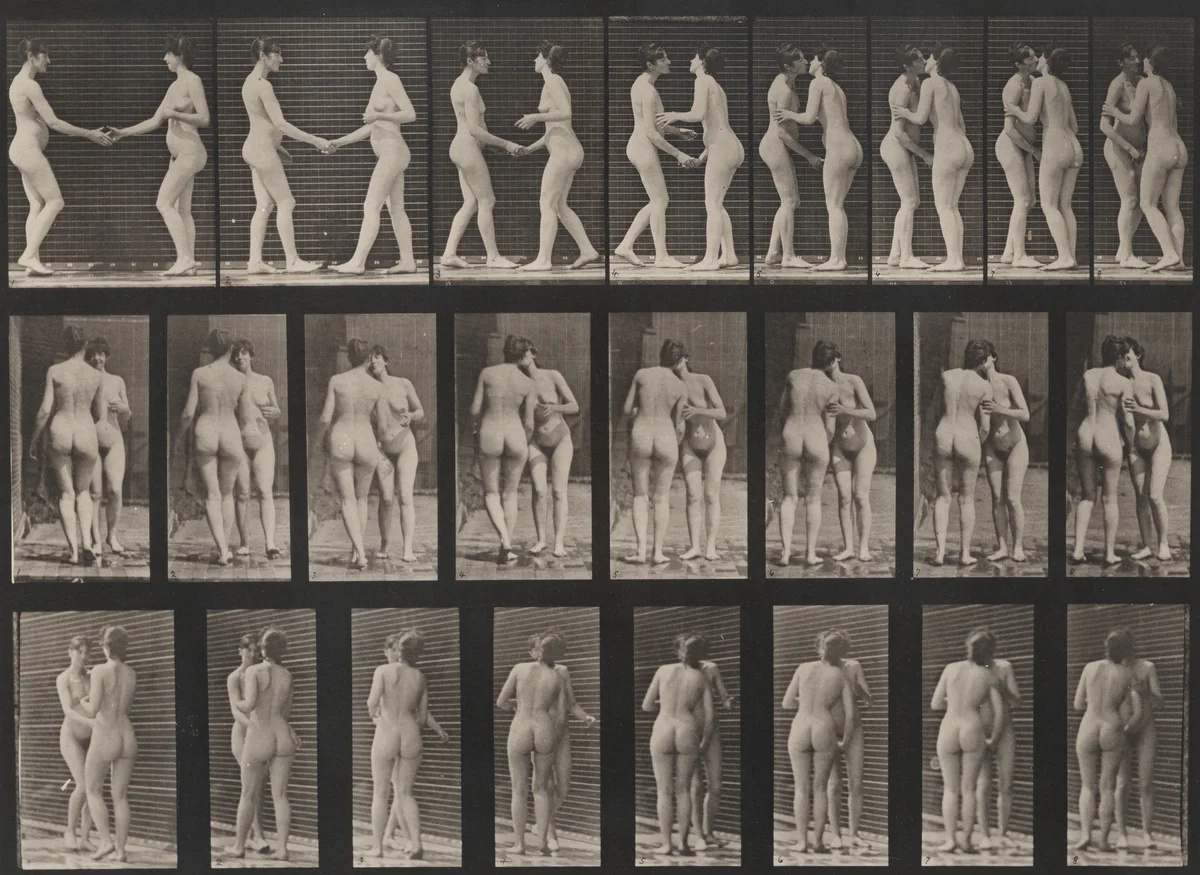 Plate Number 444. Two models shaking hands and kissing each other by Eadweard Muybridge, photograph, 1887