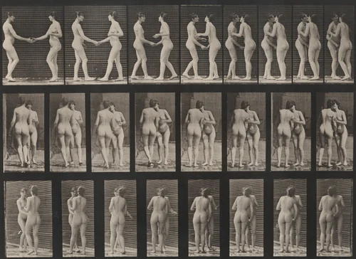 Plate Number 444. Two models shaking hands and kissing each other by Eadweard Muybridge, photograph, 1887