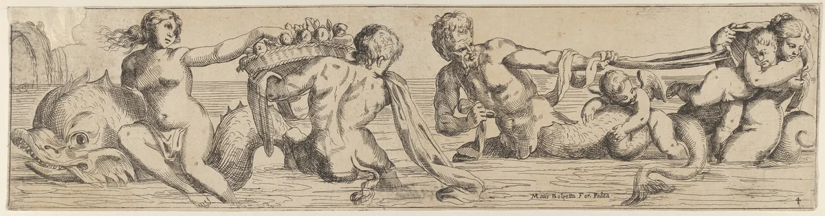 Plate 4: marine gods and other cavorting figures by Giulio Carpioni, print, 1635-1645