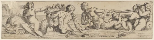 Plate 4: marine gods and other cavorting figures by Giulio Carpioni, print, 1635-1645