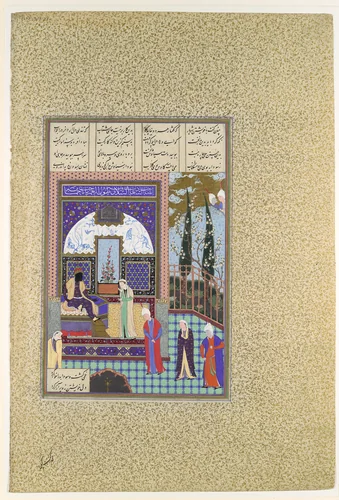 "Siyavush Stands Accused by Sudaba before Kai Kavus", Folio 163v from the Shahnama (Book of Kings) of Shah Tahmasp by Abu'l Qasim Firdausi, manuscript, 1505-1560