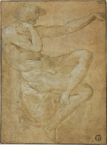 Seated Male Nude with Outstretched Left Arm by Domenico Beccafumi, drawing, 1580-1599
