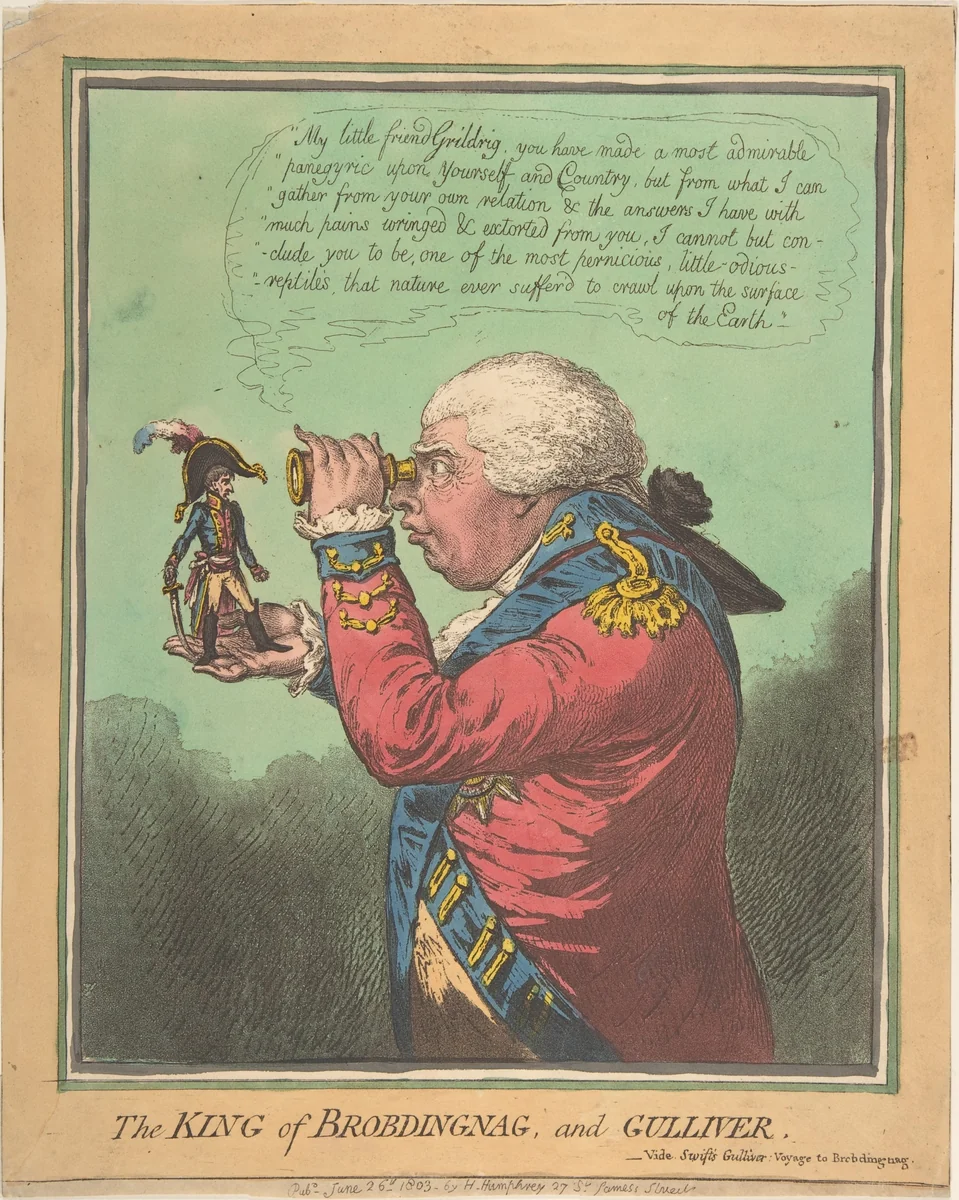 The King of Brobdingnag and Gulliver.–Vide. Swift's Gulliver: Voyage to Brobdingnag by James Gillray, print, 1803