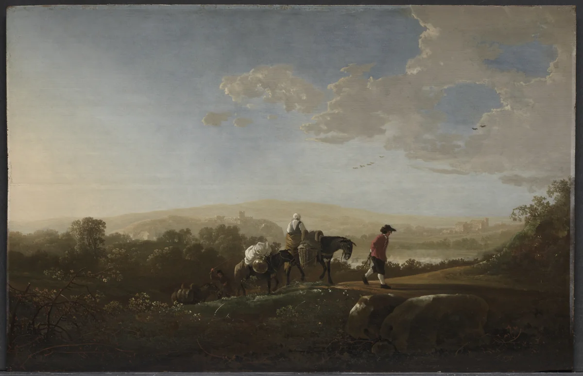 Travelers in Hilly Countryside by Aelbert Cuyp, painting, 1645-1655