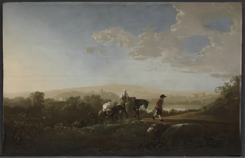 Travelers in Hilly Countryside by Aelbert Cuyp, painting, 1645-1655