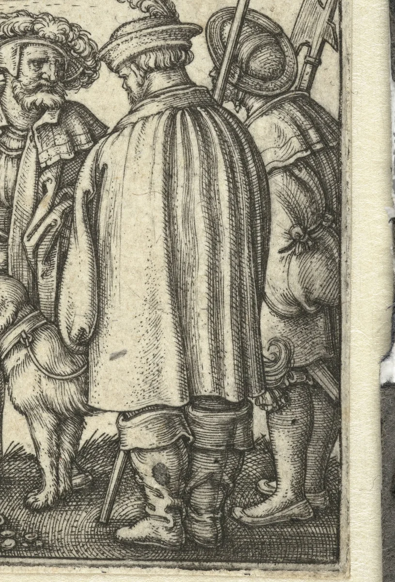 Drie soldaten met een hond by Unknown, print, 1510-1550