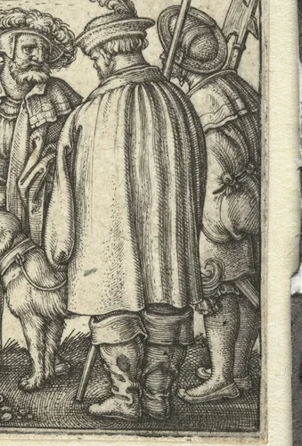 Drie soldaten met een hond by Unknown, print, 1510-1550