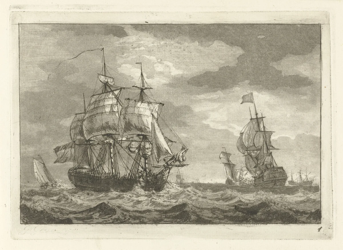Driemasters op onrustig water by Gerrit Groenewegen, print, 1791
