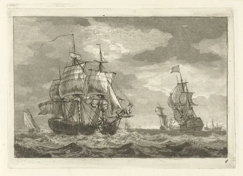 Driemasters op onrustig water by Gerrit Groenewegen, print, 1791