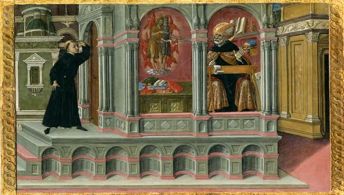 Saint Augustine's Vision of Saints Jerome and John the Baptist by Matteo di Giovanni, painting, 1476